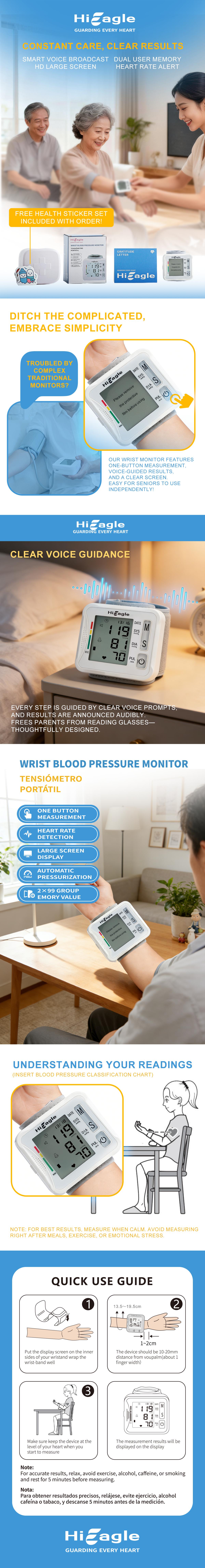 HiEagle Wrist Blood Pressure Monitor, Digital BP Machine with LCD Display, Adjustable Cuff, Pulse Rate & Irregular Heartbeat Detection, Large Screen, One-Touch Operation, Battery-Powered, Portable Cuff for Home Health, Hypertension & Heart Care.