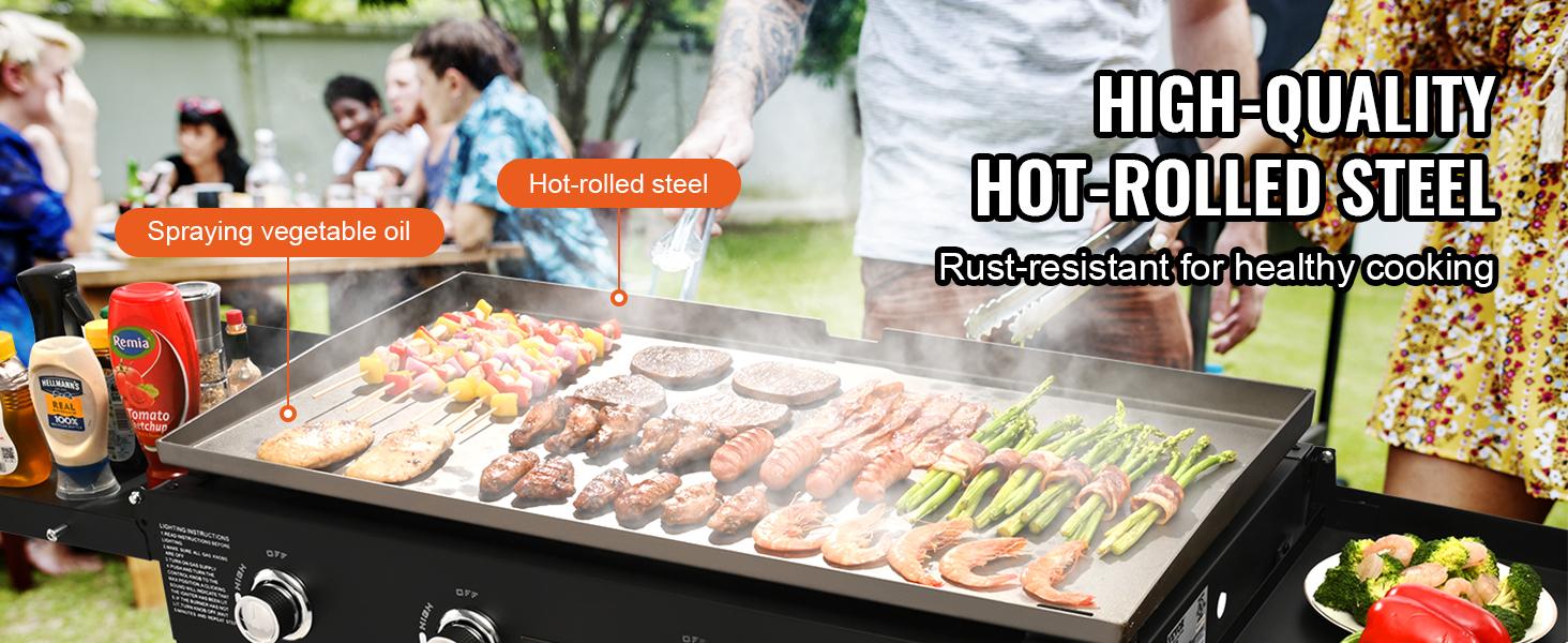 VEVOR Commercial Griddle on Cart, 36" Heavy Duty Manual Flat Top Griddle, Outdoor Cooking Station with Side Shelves, Steel LPG Gas Griddle, 4-Burners Restaurant Portable Grill - 60,000 BTU