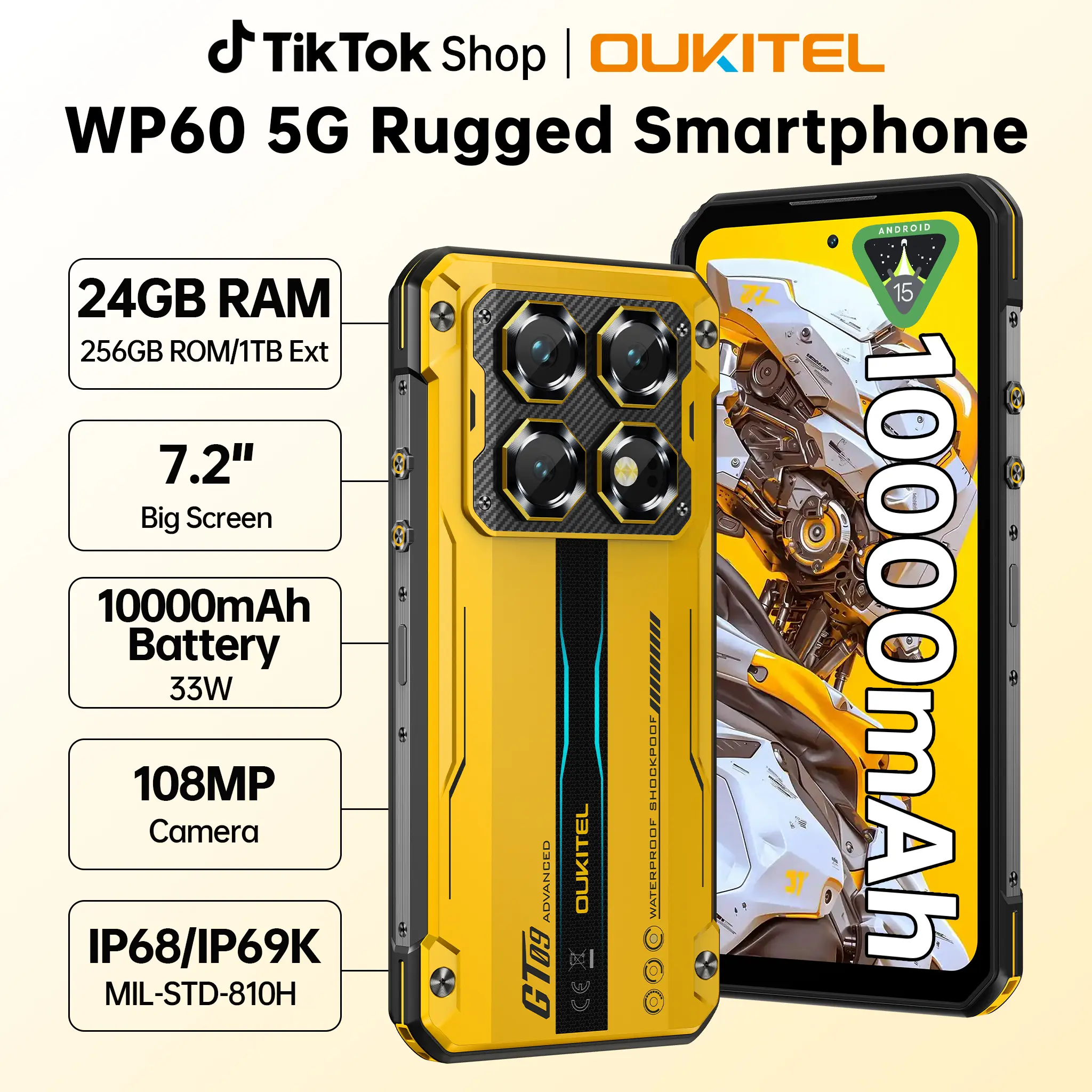 OUKITEL WP60 5G Rugged Phone, 7.2" Display with 120Hz Rugged Smartphone Unlocked, 48GB+512GB 2TB, 10000mAh/33W Fast Charging, IP68/IP69K Waterproof Cell Phones, 108MP Camera, Gemini AI/NFC/GPS/T-Mobile,back to school,back to school haul