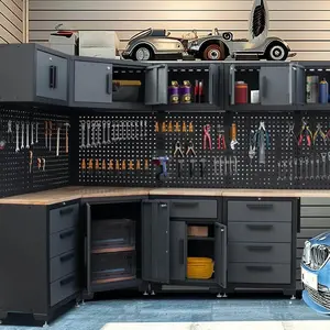 A+B Garage Storage Cabinet System 15-Pcs Workshop Set Corner Workshop Set Garage Cabinets