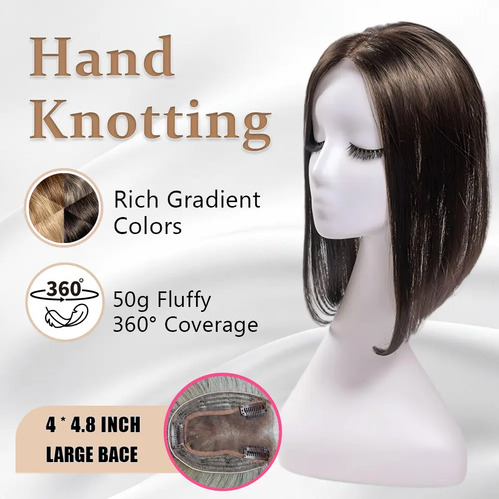 EC 50g Fluffy Hair Topper for Women with Thinning Hair | 14in Free Parting Straight Natural-Looking Hairpiece with 3 Anti-Slip Clips | Hand-Knotted Breathable Lace Base | Full Crown Coverage, Gray Root Coverage & Instant Volume