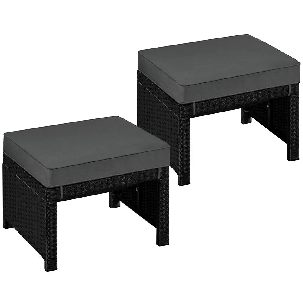Costoffs Set of 2 Square PE Rattan Wicker Ottomans with Removable Cushions - Outdoor Footrests, Side Tables, 265lb Capacity, Easy Setup Garden & Patio Furniture Sets for Extra Seating