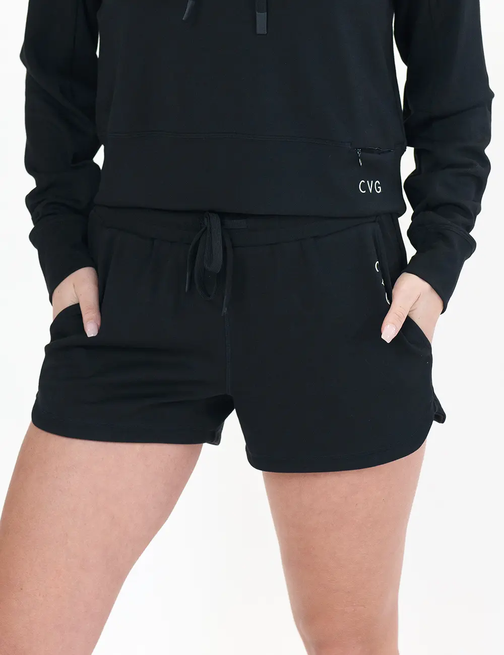 Women's Luxe Adjustable Polyester-Spandex Shorts, Black, Smooth Comfortable Fabric, Slim-Fit Everyday Bottoms, Soft, Drawstring, Pockets, Solid, Cvg Logo, Casual Wear