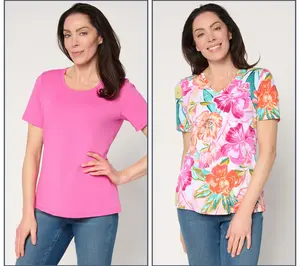 Denim & Co. Beach Jersey 2-Pack Solid & Printed Short Sleeve Tops