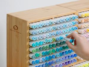 Ohuhu Bamboo Marker Organizer: Holds up to 126 Markers - with 18 Compartments - Right Angle Side - Wooden - Art Brushes Stationary Organizer Pencil Holder  for Home, Classroom, Office Decor - Marker Organizer Series of Ohuhuart