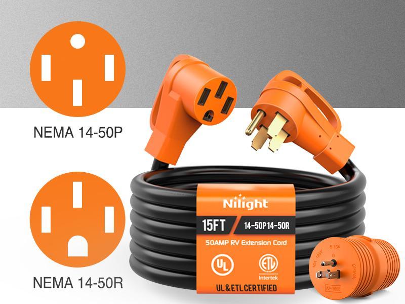 Nilight 15FT 50 Amp RV Extension Cord with Adapter 15Amp to 50Amp 250V Heavy Duty 6/3+8/1 Gauge Pure Copper STW Wire UL ETL Listed 4 Prong 14-50P 14-50R Weatherproof Suit for Generators Camper