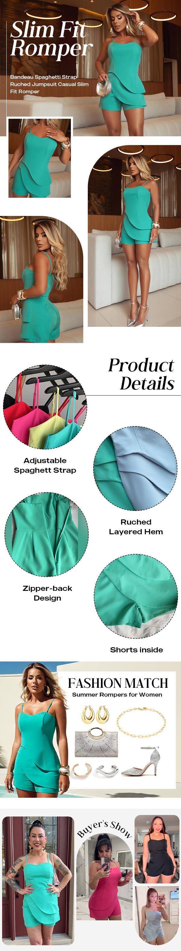 ChicMe Women's Sleeveless Jumpsuit Romper - Summer Casual Slim Fit with Bandeau, Spaghetti Straps & Ruched Details. Elegant Bodysuit for Wedding Guest/Wedding & St. Patrick's Day