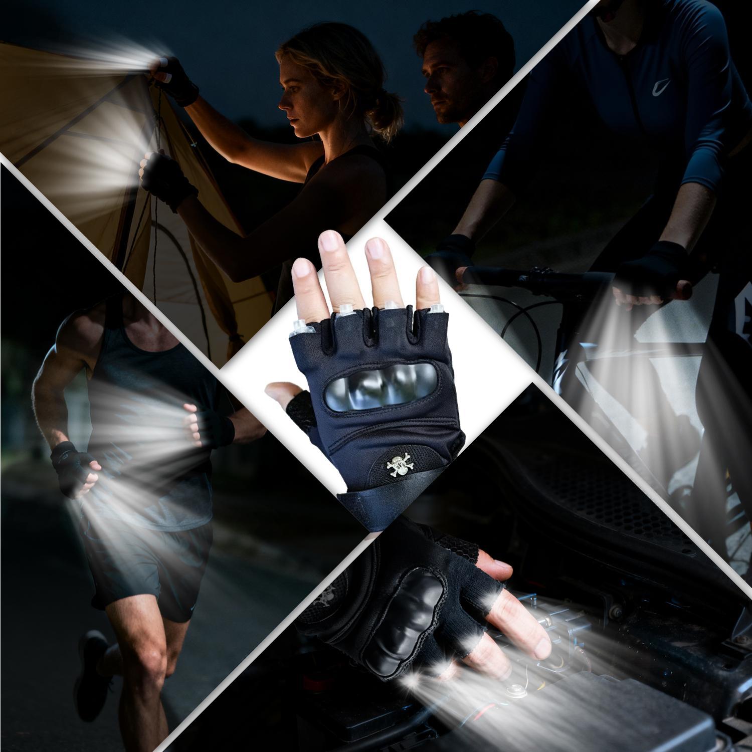 LED Flashlight Gloves,Half Finger Lighted Gloves,Adjustable Wrist Strap,Flashlight Gloves with 8 LED Cool Gadget Finger Lights for for Camping Fishing Repairing,Cycling,Running Camping,Christmas Birthday Gifts for Men and Women