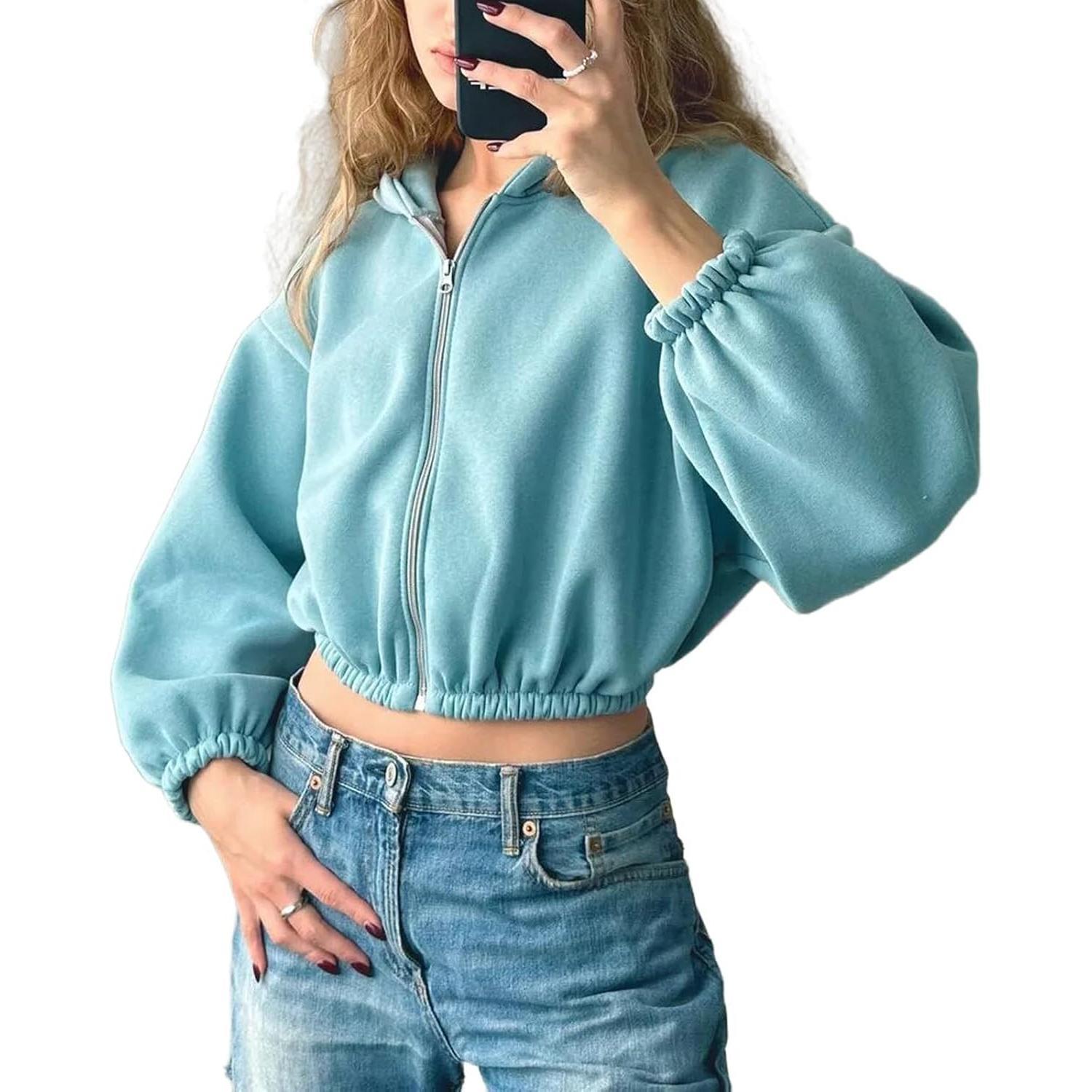 BIGWIG Cropped Zip Up Hoodies for Women Oversized Long Sleeve Casual Loose Short Sweatshirt 90s Hooded Crop Jacket Top
