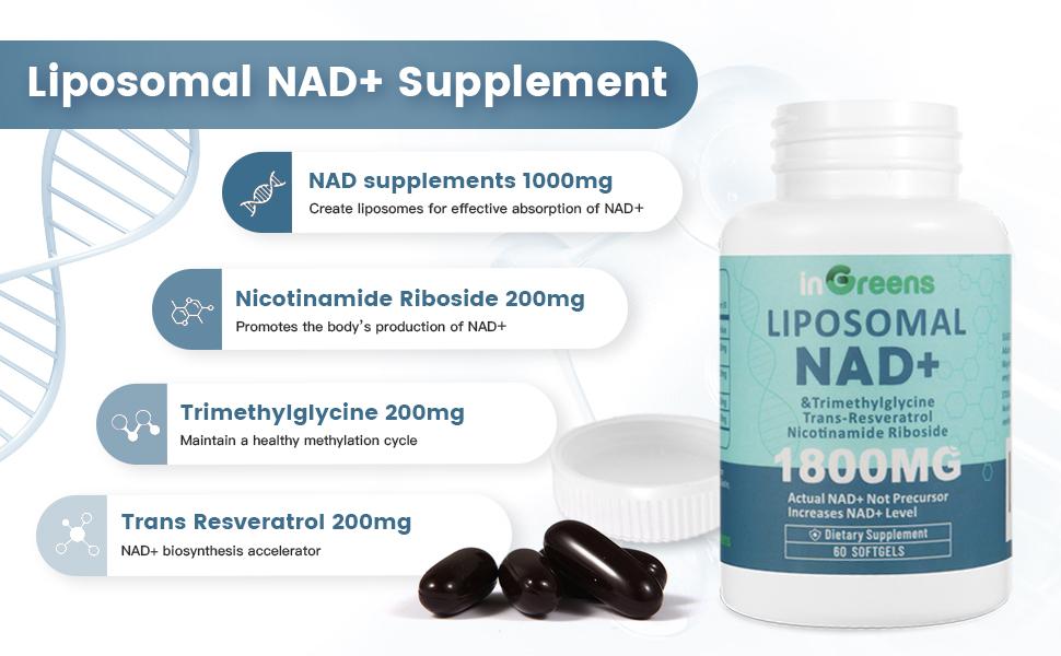 NAD+ Supplement 1800 mg with Nicotinamide Riboside 200mg, Trans Resveratrol 200mg, Trimethylglycine 200mg，Boost NAD+, Aging Defense，Cellular Energy and DNA Repair, 60 Softgels non-pharmaceutical Fitness Healthcare