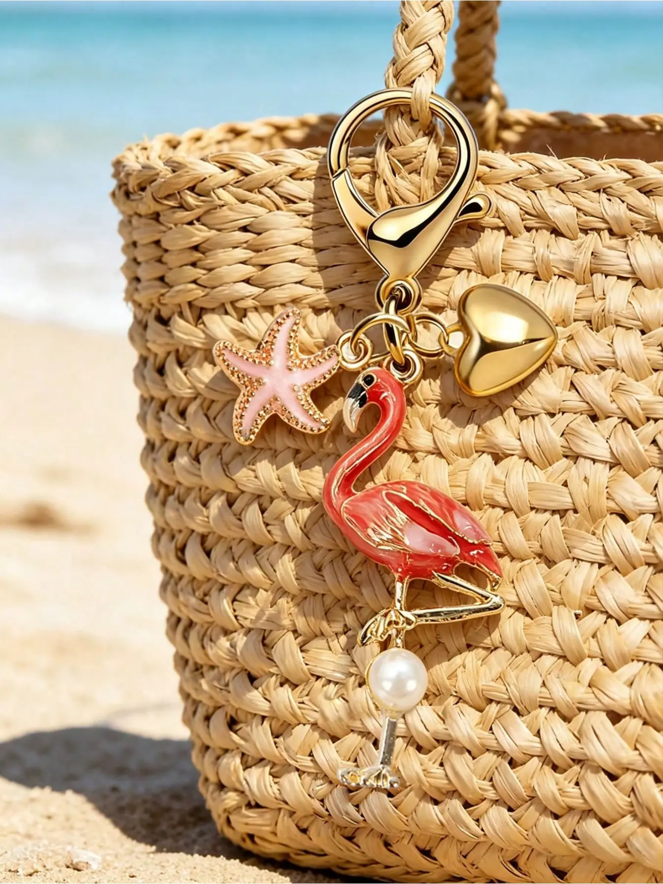 Pearl Flamingo Pendant, Starfish Element, Bohemian Vacation Style, Alloy Ocean Pendant, Hawaiian Tropical Style, Backpack and Wallet Decor, Backpack Charms, Trendy Bag Charms, Bag Accessories Charms