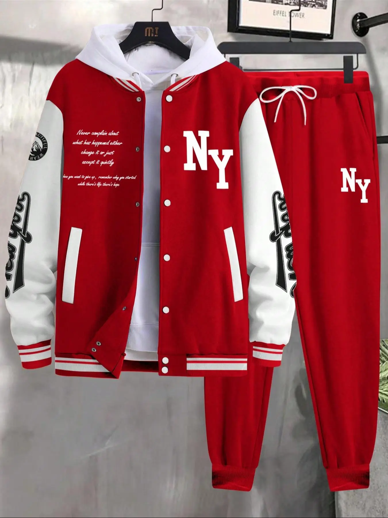 Men's Letter Print Slogan Baseball Jacket & Pants Two-piece Set, Loose Casual Clothing Set Long Sleeve Baseball Collar Outerwear & Trousers for Daily Wear, Men's Two-piece Outfits for Fall & Winter