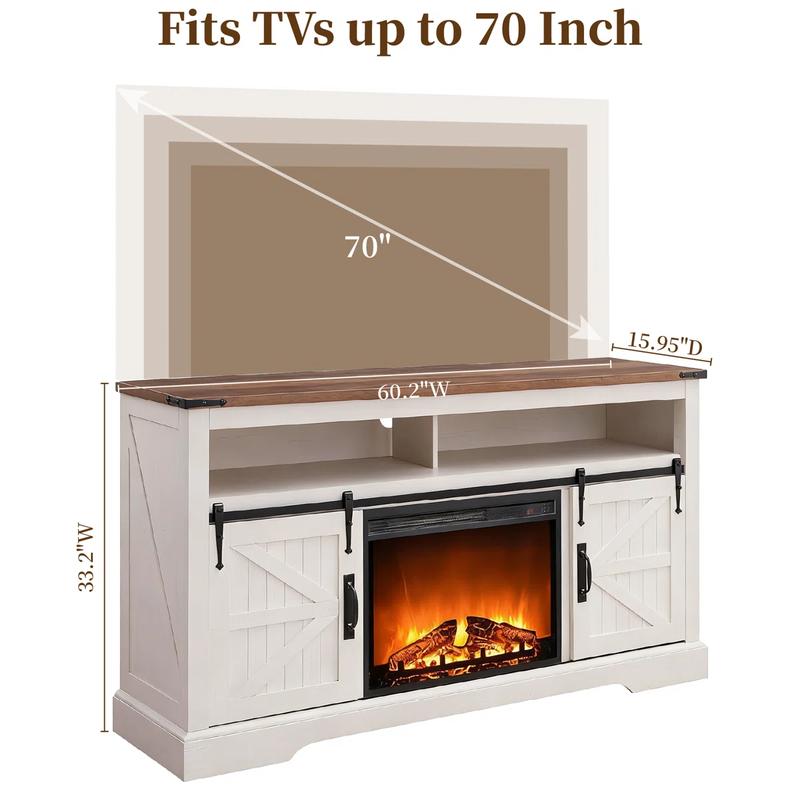 OKD 60" Rustic TV Stand – Electric Fireplace Mantel with 23" Freestanding Heater, Rolling Barn Door, Storage Cabinets, Remote-Controlled 3D Flame Effects