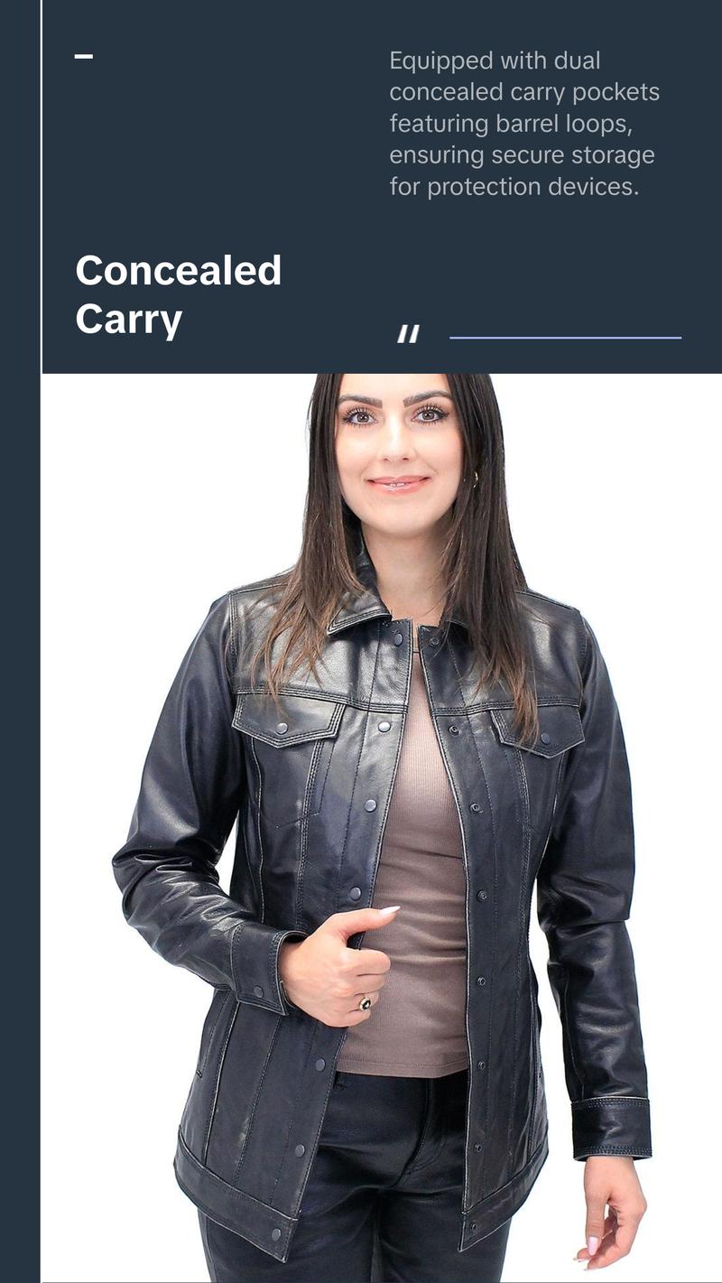 JAMIN LEATHER® Vintage Black Women's Long Leather Jean Jacket #LA2010LZK - Premium Soft Buffalo Leather, Dual Concealed Pockets, Snap Front, Minimalist Design, Available in Sizes S-5X