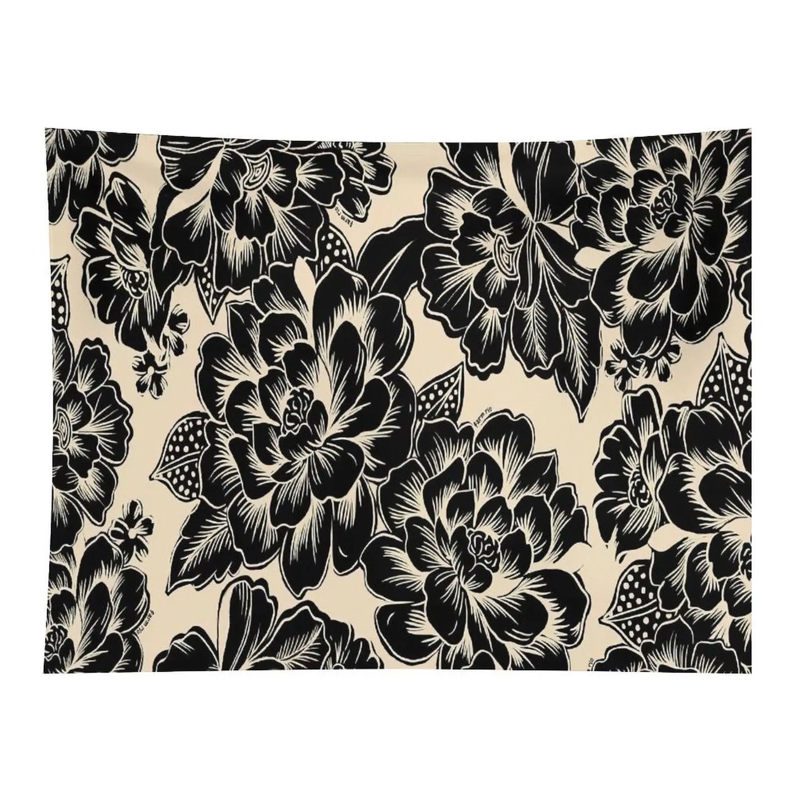 Vintage Black Peony Floral Seamless Print Tapestry, Beige Background Botanical Wall Hanging, Multi-Size Rectangular Room Accessories, Retro Home Art Wall Decor