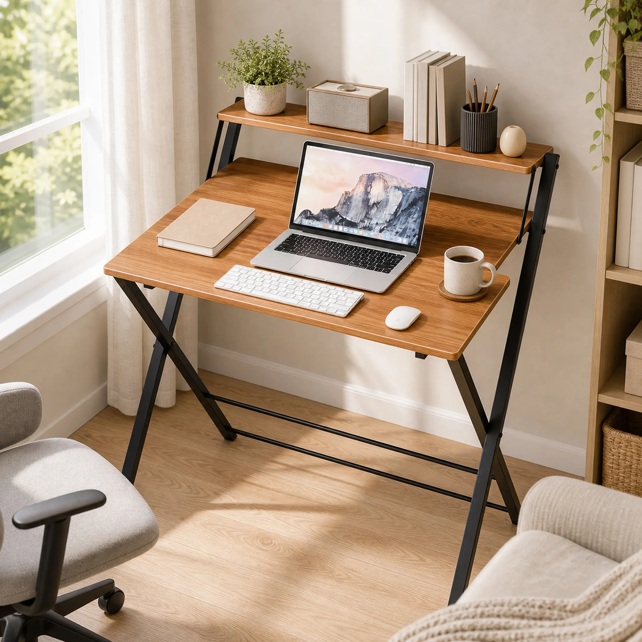 DUMOS Minimalist Modern Foldable Desk - No Assembly Needed, 2-Tier Compact Laptop Desk with Shelf, Modern Style Space-Saving Computer Table for Apartment Home Office, Compact Laptop Desks, Minimalist Modern Desks