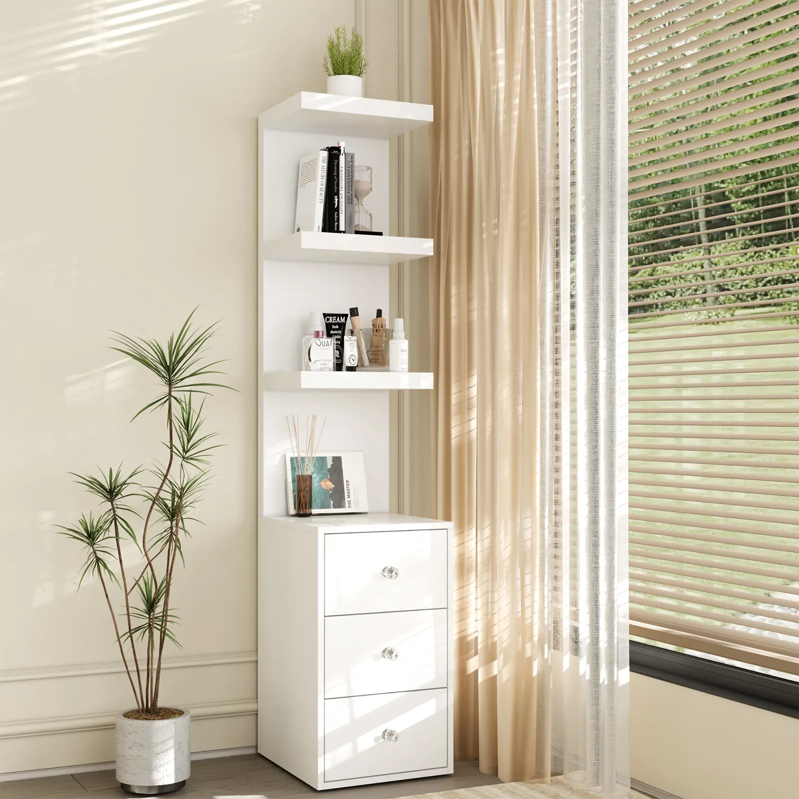 VOWNER 3 Tier Stand Shelf with 3 drawers Modern Beside Table Nightstand with LED Light for Vanity Bedroom