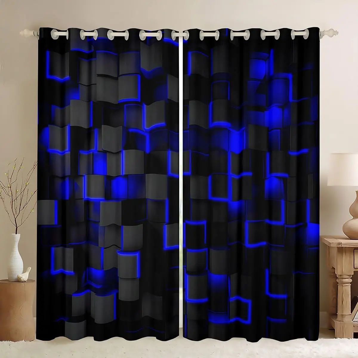Feelyou Window Curtains - Blue and Black 30%-50% Blackout Darkening Drapes, Light Geometric Modern Curtain Treatments for Bedroom, Living Room Decor, Window Curtain