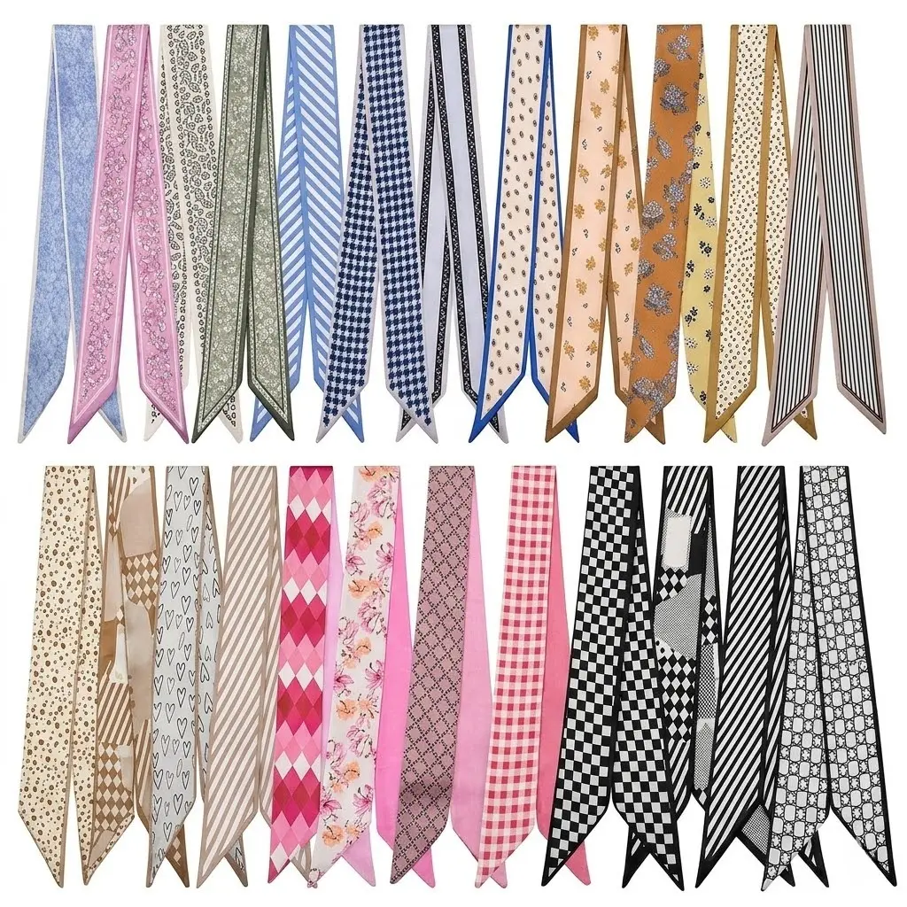 Women's 24-Count Fade-Proof Silk-Like Multifunctional Accessories Set - 38.6x2.7in Neck Wraps, Headbands for Women, Bag Accents, Floral Embroidered Scarf in Assorted Prints for Adult Casual Daily Use, Accessories For Women
