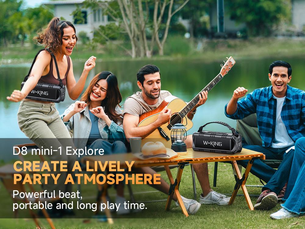 W-KING 60W Peak D8 Mini Portable Bluetooth Speaker, IPX6 Waterproof, 30W Wireless, 24-Hour Playtime, Powerful Bass, NFC, TF Card, USB Playback, Built-in Mic, AUX-IN, for Home, Outdoor Adjustable Subwoofer