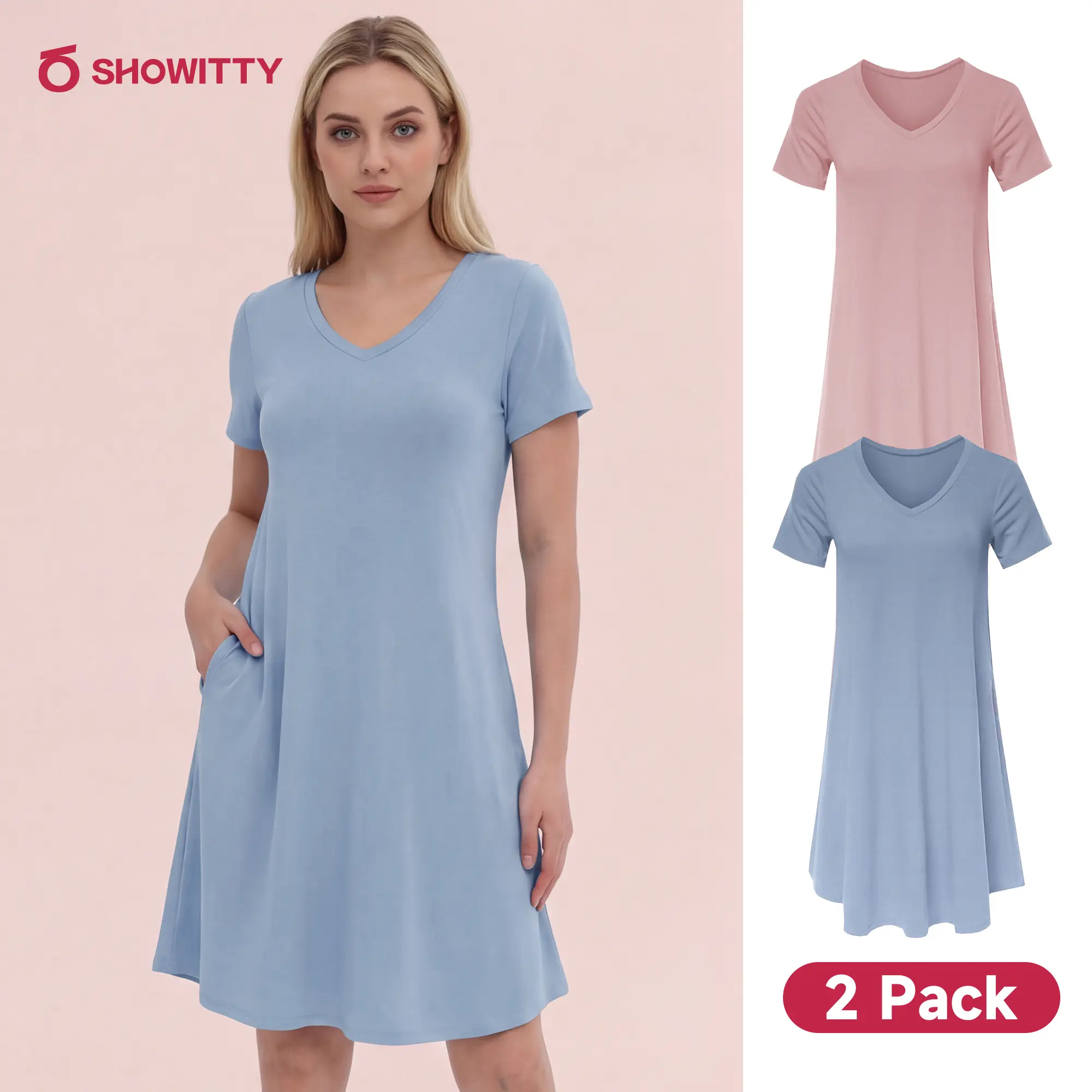 SHOWITTY Outlets 2-Pack Women's Casual T-Shirt Loungewear Dresses with Pockets, Clothing Short Sleeves Pajama Dress, Relaxed Swing Fit Summer #tiktokshopsummersale