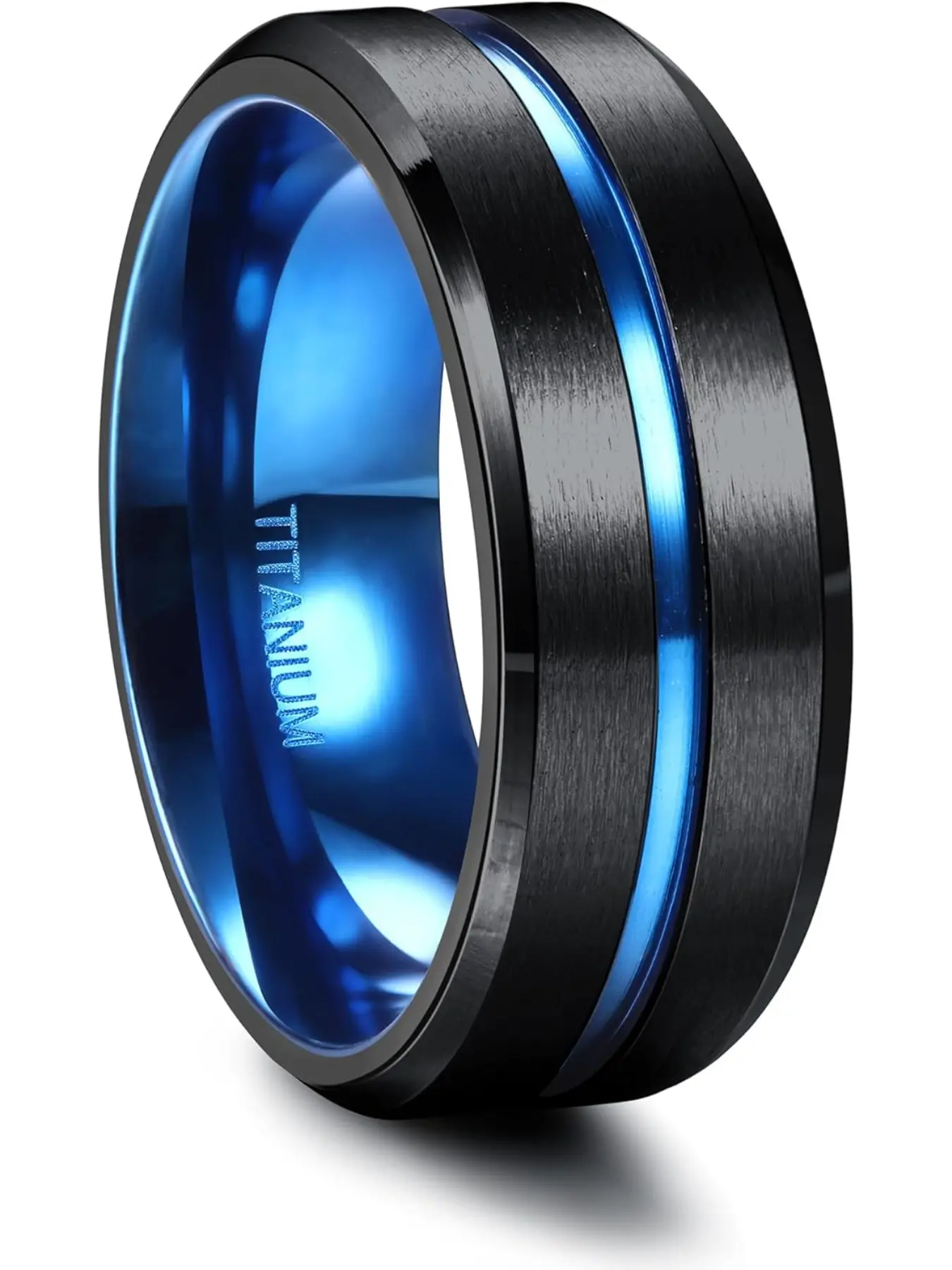 G23 Titanium Ring for Men 8MM Black Ring with Blue Centre Groove Textured Band Ring Engagement Rings Wedding Marriage Ring Fashion Promise Ring Mens Rings Size O-Z1/2 Jewelry Ring Beautiful Rings