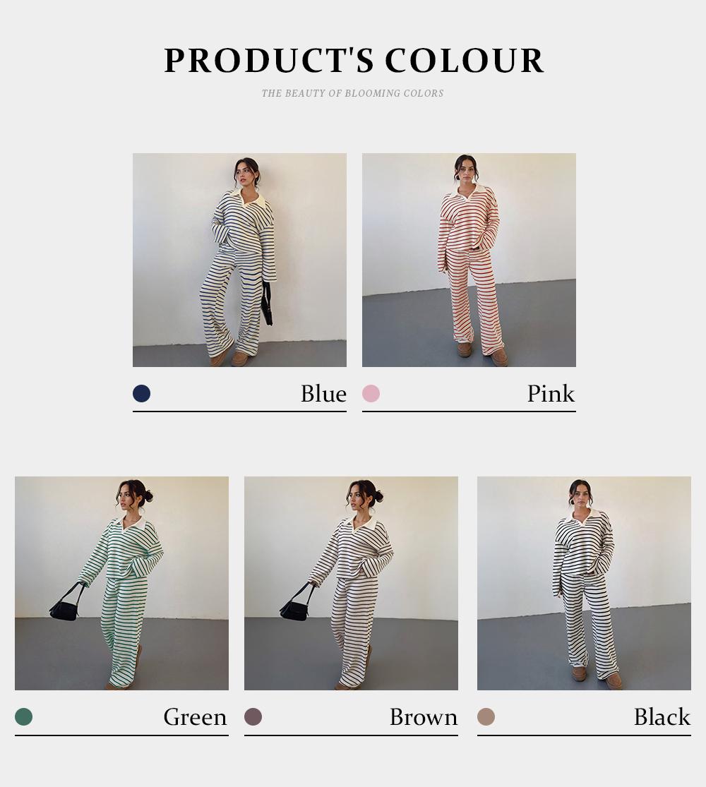 KatchMe Women's Versatile Color Matching Stripe Long Sleeve Top & Wide Leg Trousers Co-ord, Cozy V-Neck Loose Two Piece Outfits, Street Womenswear (US)