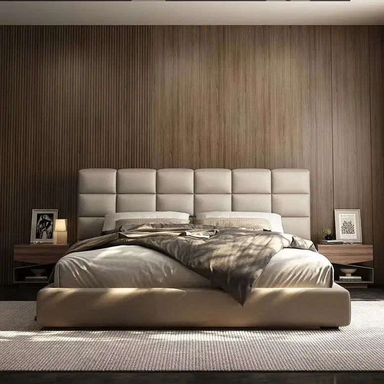Modern Luxury Bedroom Furniture Floating Vintage Double Bed Upholstered Soft Queen King Size Smart Wooden Bed Frame Leather