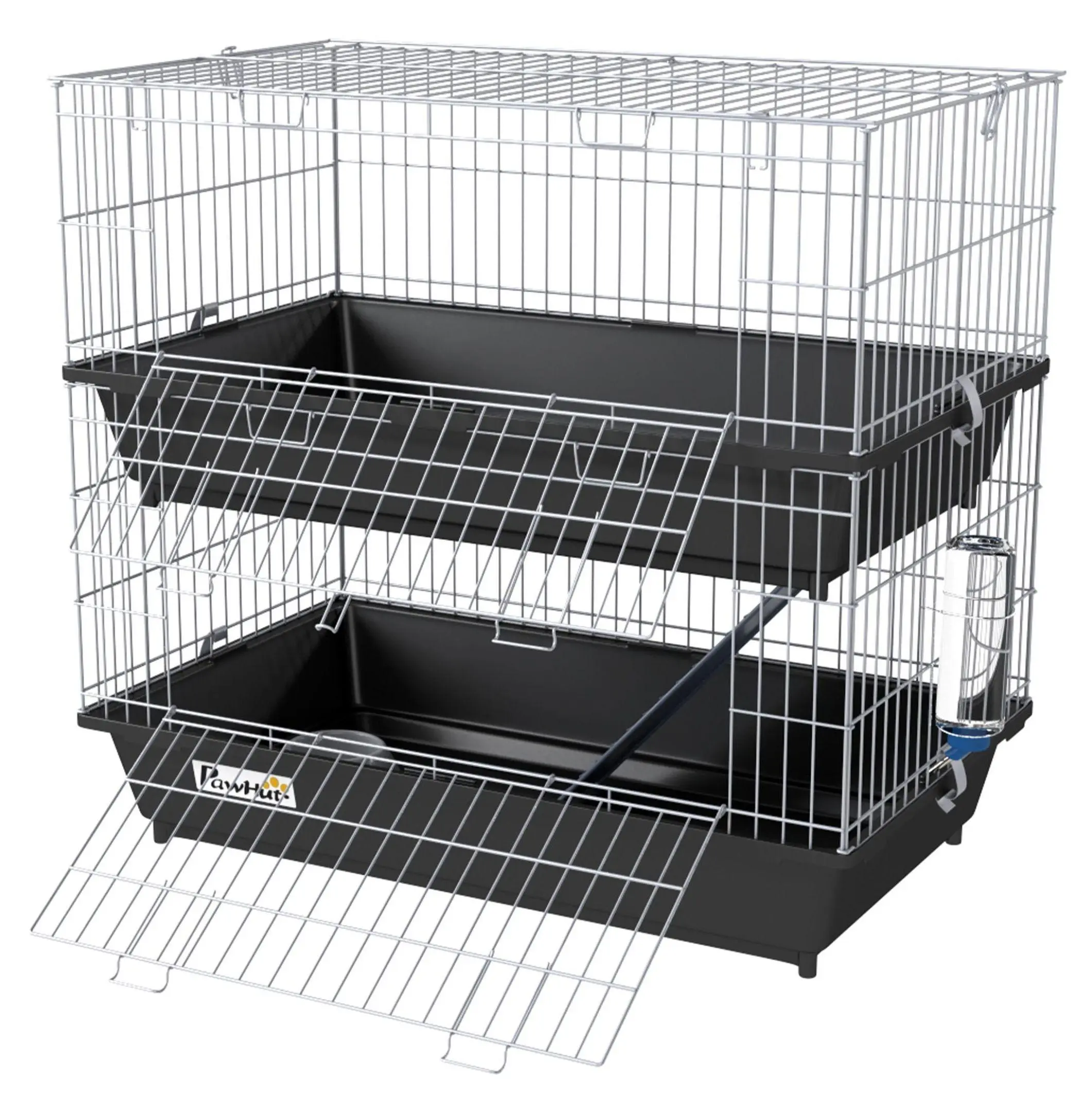 Metal Frame 2-Tier Multi-Level Small Animal Habitat Cage Set - for Bunnies with Ramp, Trays, Black