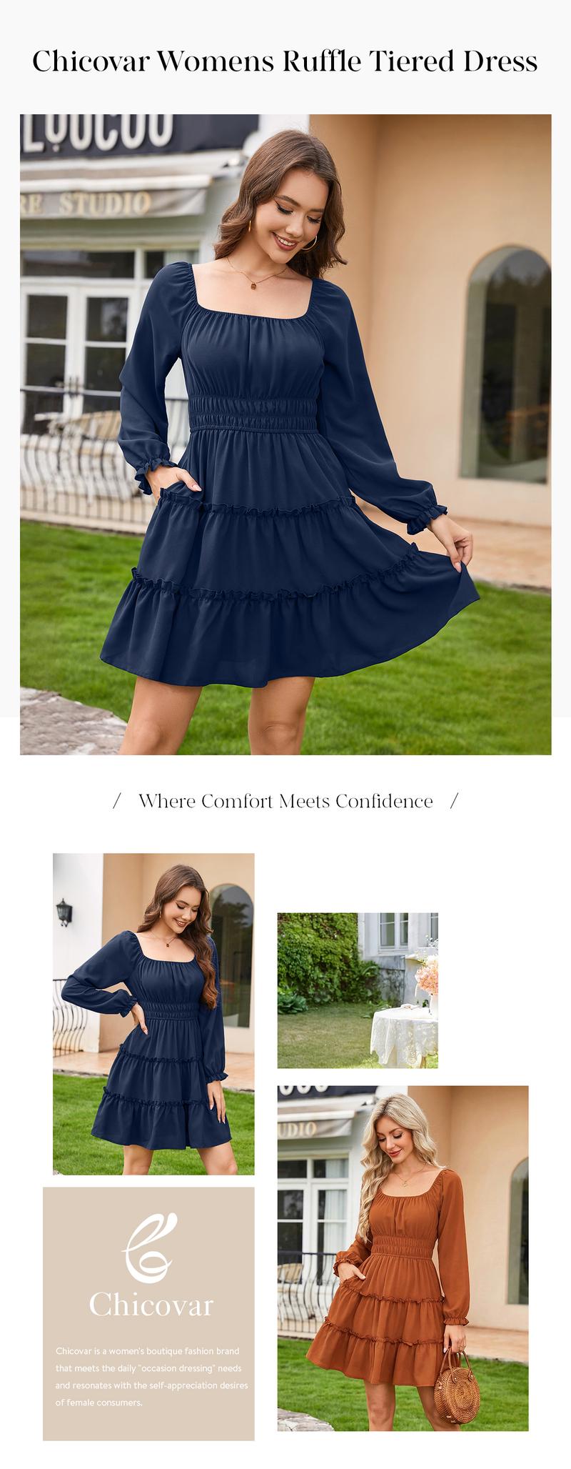 Chicovar Casual Dress for Women, Side Pockets, Lantern Sleeves, Flattering Smocked Waist, Stylish for Family Photos, Church, Valentine's Day, Westernfashion