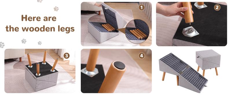 17'' Dog Stairs Ramp for Couch | Wooden Ottoman Ramp for Sofa or Short Bed | for Senior,Small, Medium Dogs, Dachshund | 2-in-1 Convertible Home Step Stool with Wood Foot