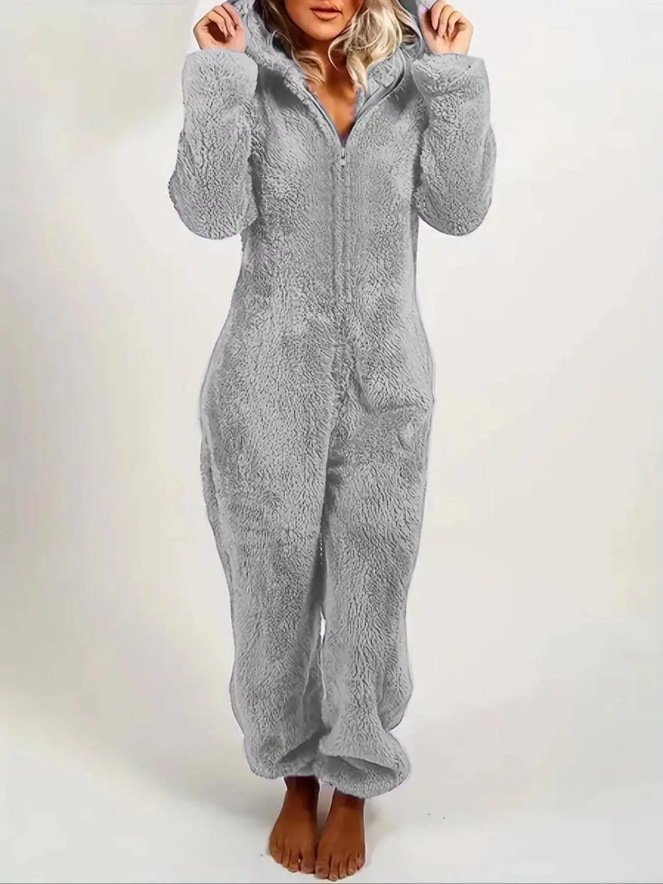 Women's Solid Zipper Hooded Plush Pajama Jumpsuit, Casual Long Sleeve Teddy Bear Ear Design Jumpsuit for Fall & Winter, Women's Sleepwear for Indoor Wear, Fluffy Lady Pajamas, Loungewear, Homewear, Cozy Wear, Pjs, Pajama Onesies