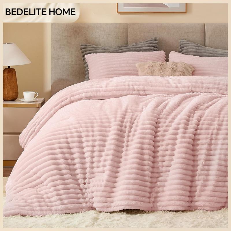 BEDELITE Flannel Comforter Set Super Soft & Warm Fluffy Pink Valentine's Day gift - Elegant Striped Design for Winter - Twin/Queen/King Sizes Machine Washable BEDELITE Flannel Comforter Set Super Soft & Warm Fluffy Pink Valentine's Day gift - Elegant Striped Design for Winter - Twin/Queen/King Sizes Machine Washable