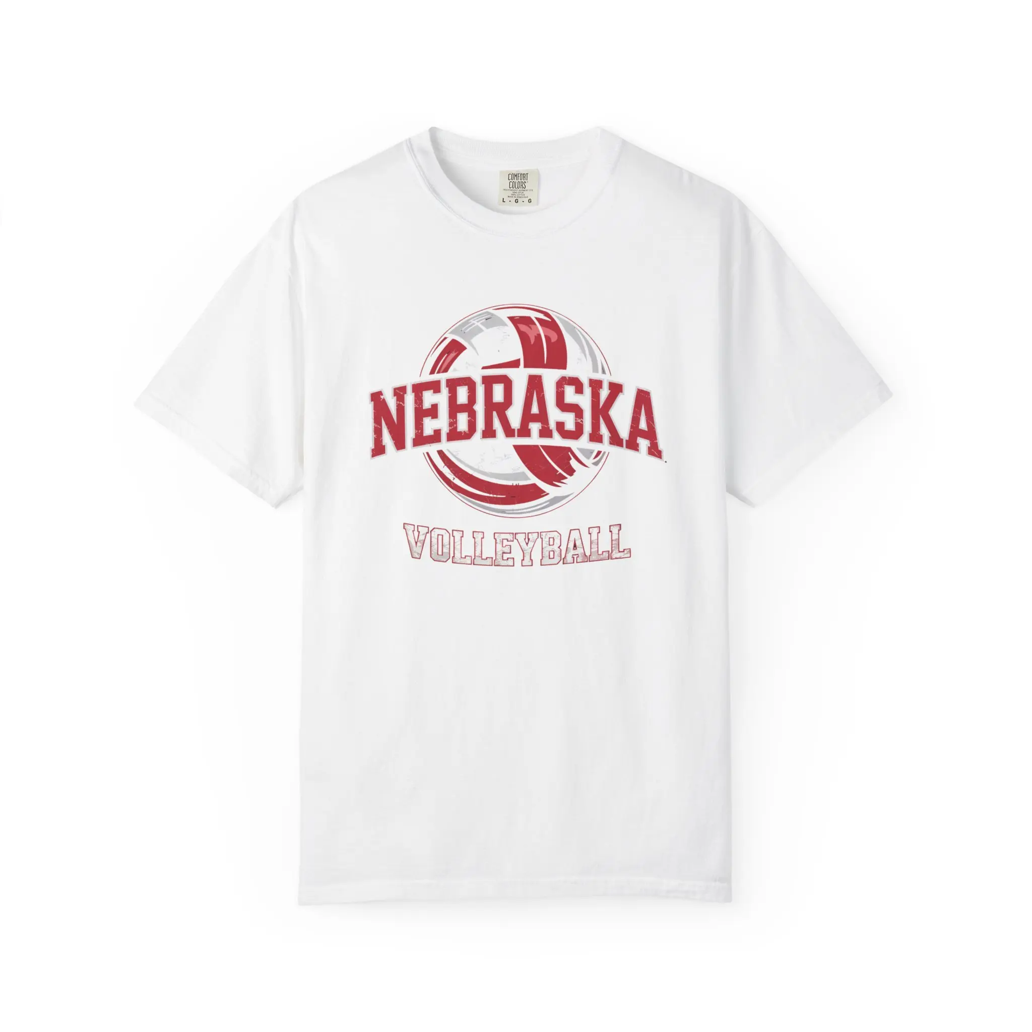 Men's Garment-Dyed Cotton Varsity Volleyball T-Shirt - Loose-Fitting, Pre-Shrunken, Double-Stitched, Round Neck, Medium Weight, Nebraska Graphic, US Cotton Knit Menswear for College, Volleyball Games
