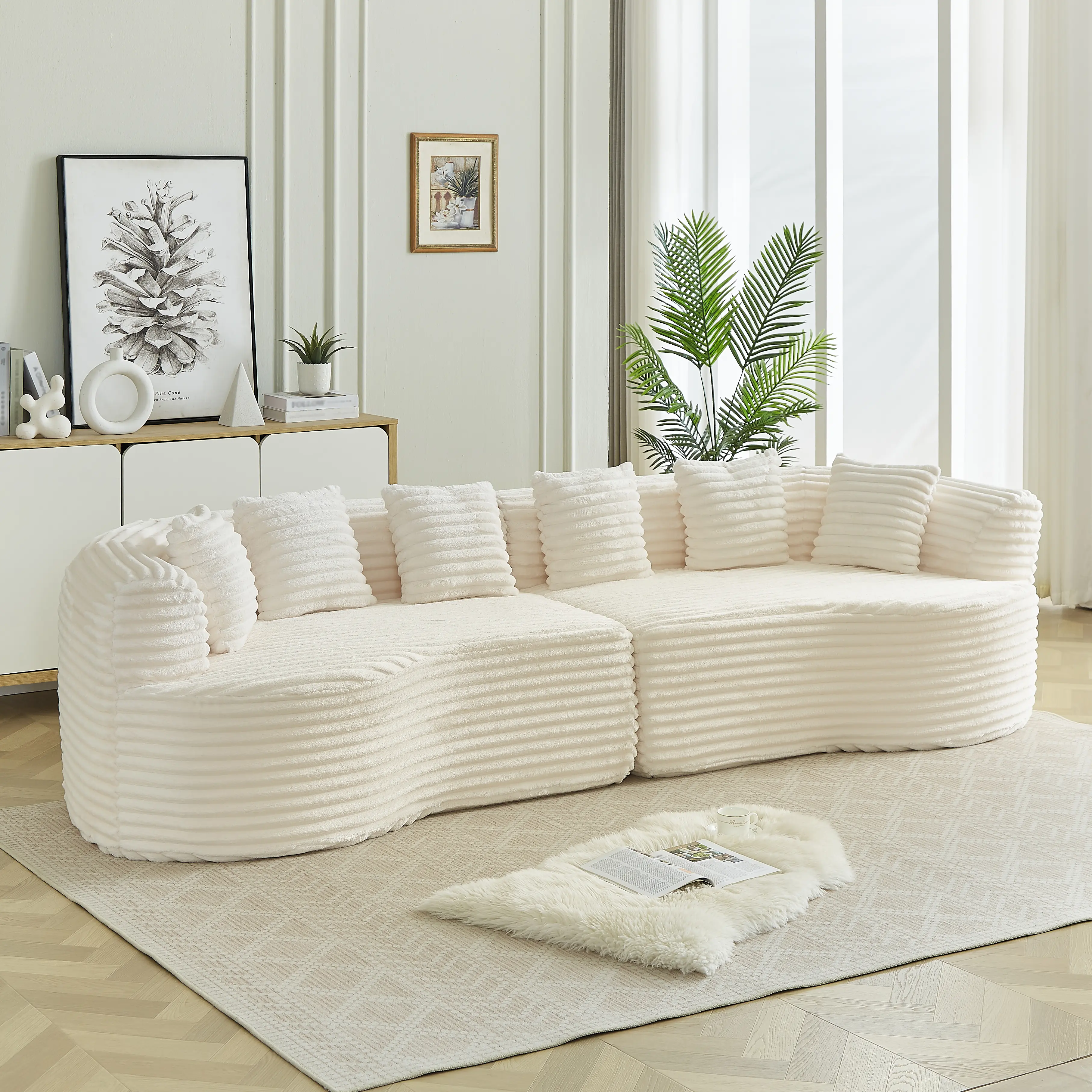 4-Seat Curved Sectional Sofa - 111.5 in Super Modern Boneless Cloud Couch, Luxury Chenille/Corduroy Upholstered Piece with 6 Pillows, Deep Seat Memory Foam Modern Chenille Couch