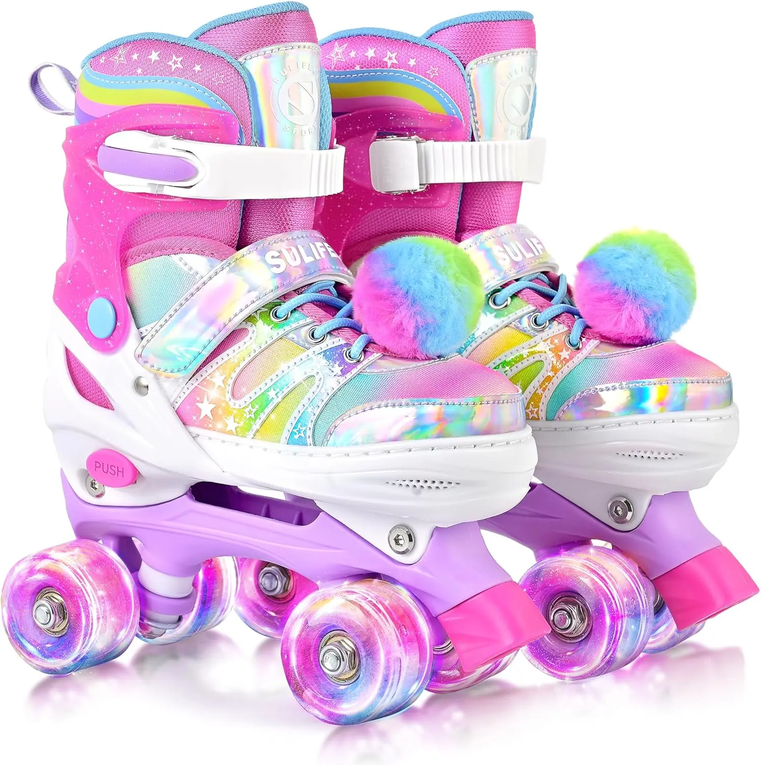 SULIFEEL Rainbow Tie-Dye Roller Skates for Girls, 4-Size Adjustable Light Up Skates with Fluffy Pom Poms, Triple Protection Design, Perfect Beginner Skates for Kids Ages 3-5 5-8 6-12, Indoor Outdoor Sports