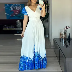 ChicMe Women's Colorblock Placement Print Spliced Overlap V-Neck Ruffles Sleeve Pleated Maxi Dress/Summer Dress Elegant Zipper Back Cinched Waist Vacation Dress with Belt