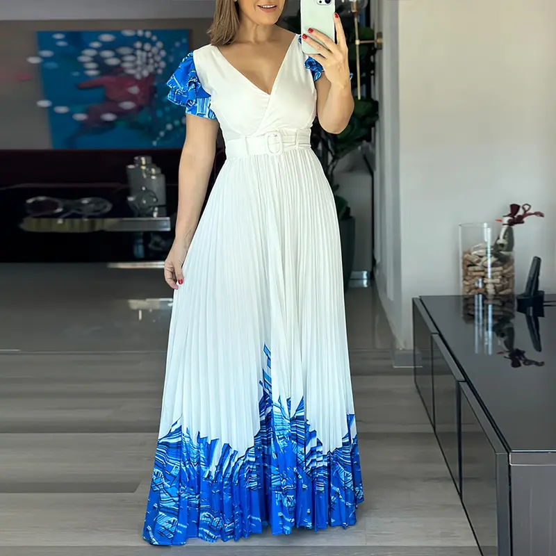pleated dresses prints elegant Floral printing elegant deep V pleated dress- Kaia M main image 0