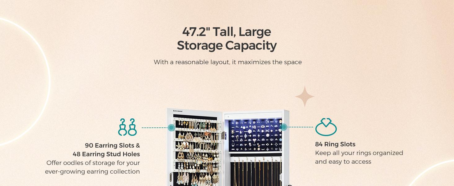 SONGMICS 6 LEDs Mirror Jewelry Cabinet, 47.2-Inch Tall Lockable Wall or Door Mounted Jewelry Armoire Organizer with Mirror, 2 Drawers, Christmas Gift