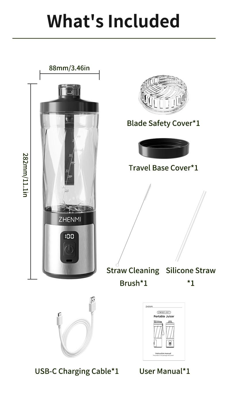 ZHENMI Personal Portable Blender with Digital Auto-Countdown Display, 20oz Leakproof Travel Cup with Guarded 6-Blade for Ice Crushing, USB-C Rechargeable, BPA-Free, Dishwasher Safe, For Shakes, Smoothies & Ice, Blend & Go Anywhere