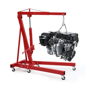 Garvee 2 Ton Folding Hydraulic Engine Hoist with Telescopic Boom and 6 Casters - Heavy Duty Red Shop Crane for Lifting Engines in Workshops and Garages