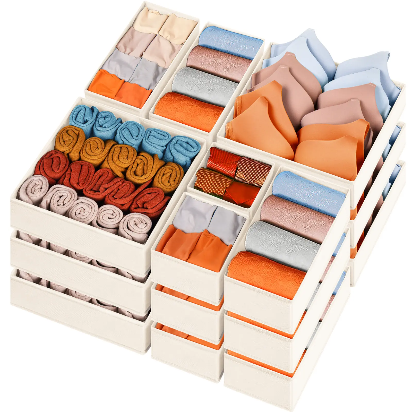 Criusia 15-Pack Divided Fabric Storage Bins (11"x5.5"x5", Beige) - Multifunctional Container with Divided Compartments, Clothes Organizer, Bedroom Storage Organizer for Drawer, Nursery Dresser | Holds Socks, Underwear, Bras | Summer Sale, Boxes