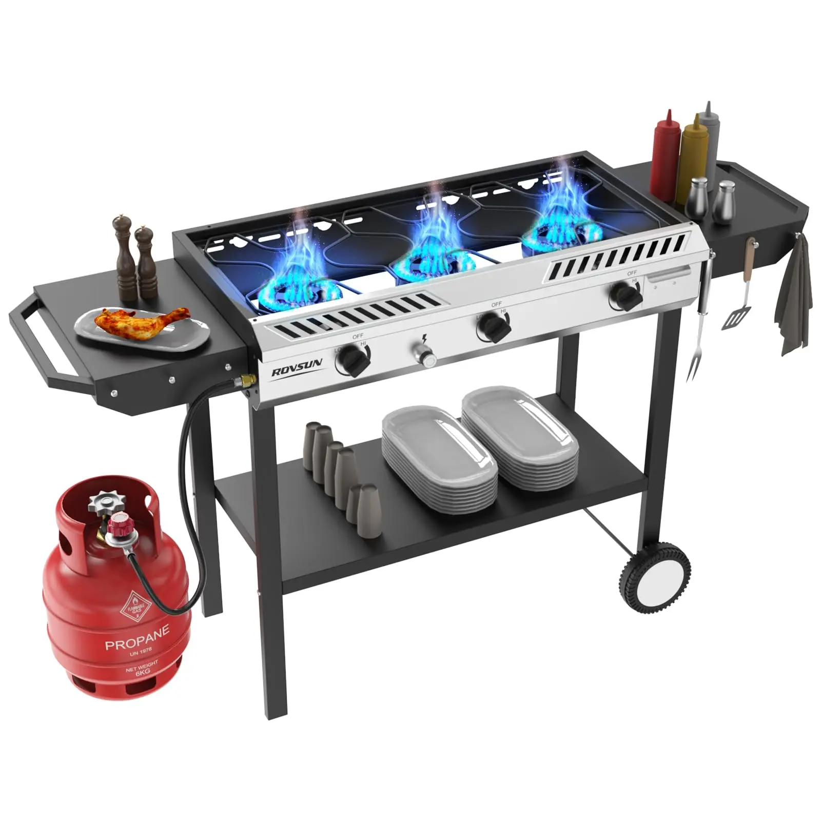 ROVSUN 2-3 Burner Sturdy Cast Iron Metal Outdoor Propane Gas Stove with Auto-Ignition, Regulator, Side Shelves, 150000-225000 BTU Stand Cooker for Camping Barbecue, Backyard Cooking, Cooking Bbq Camping