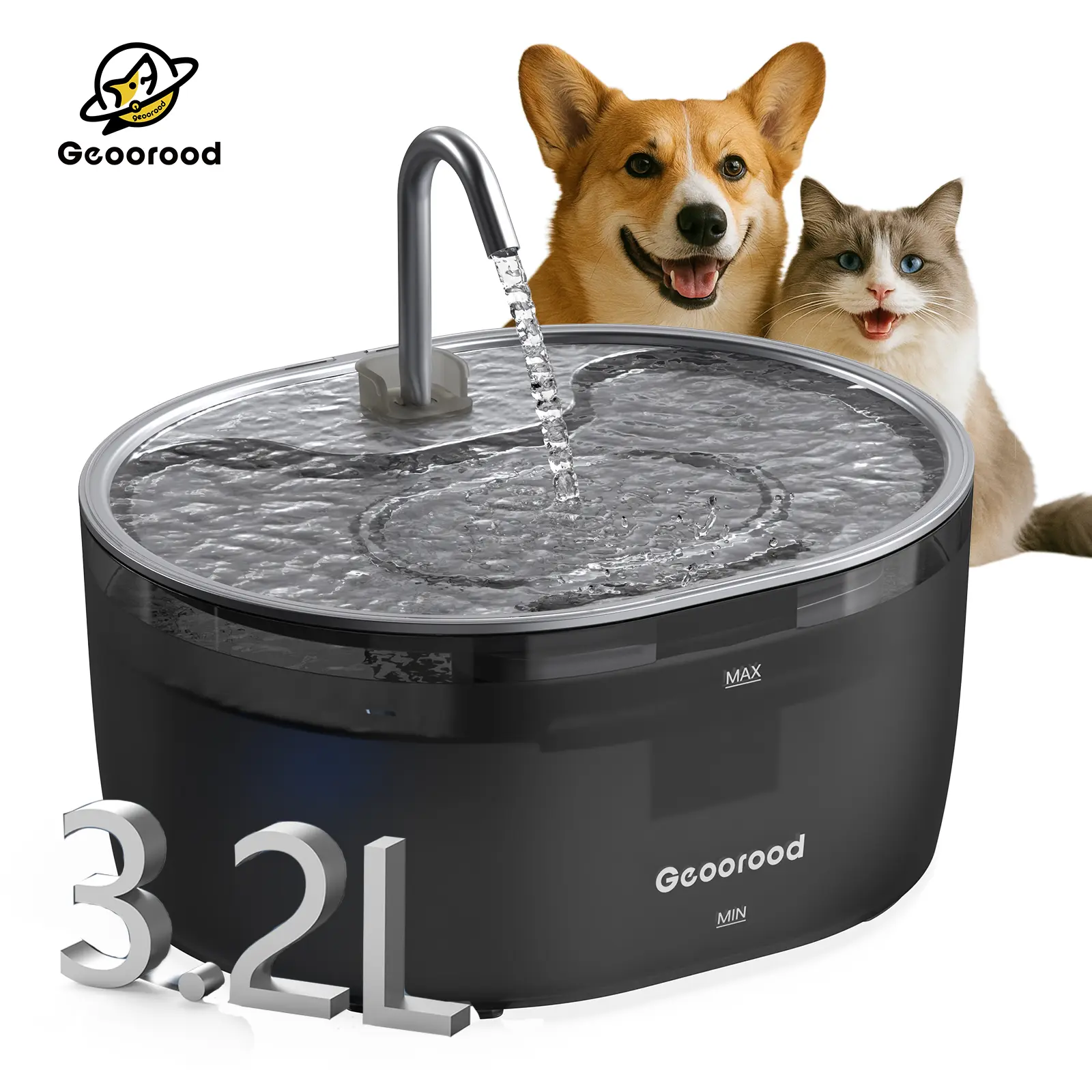 Geoorood Cat Water Fountain - 304 Steel Top Automatic Water Feeder, 3.2L Large Capacity, Dual Flow Modes, 30-Day Leak Free Pet Fountain for Multi-Cat Homes, Easy to Clean,back to school