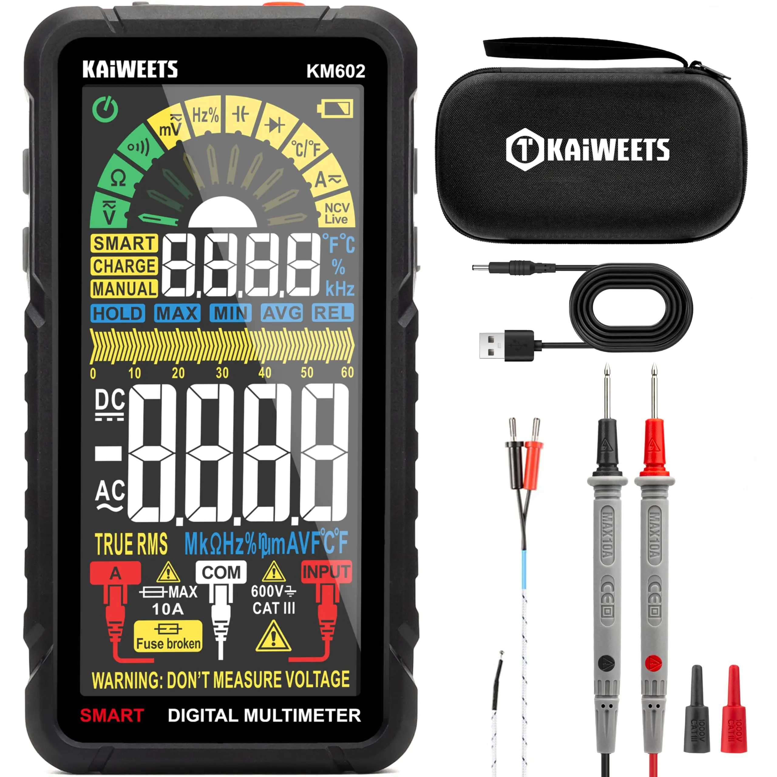 KAIWEETS Advanced Digital Multimeter, True RMS 6000 Count Voltage Tester with Rechargeable Full-Screen Display, Professional Electrical Tool for Home DIY & Electricians