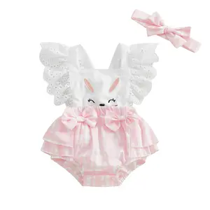 Baby Girls Clothing Easter Outfits - Hollow-Out Sleeveless Square Neck Carrot Print Bodysuit with Bow Headband