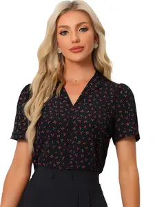 INSPIRE CHIC V Neck Elegant Casual Cherry Print Notch Lapel Summer Short Sleeve Blouse Top