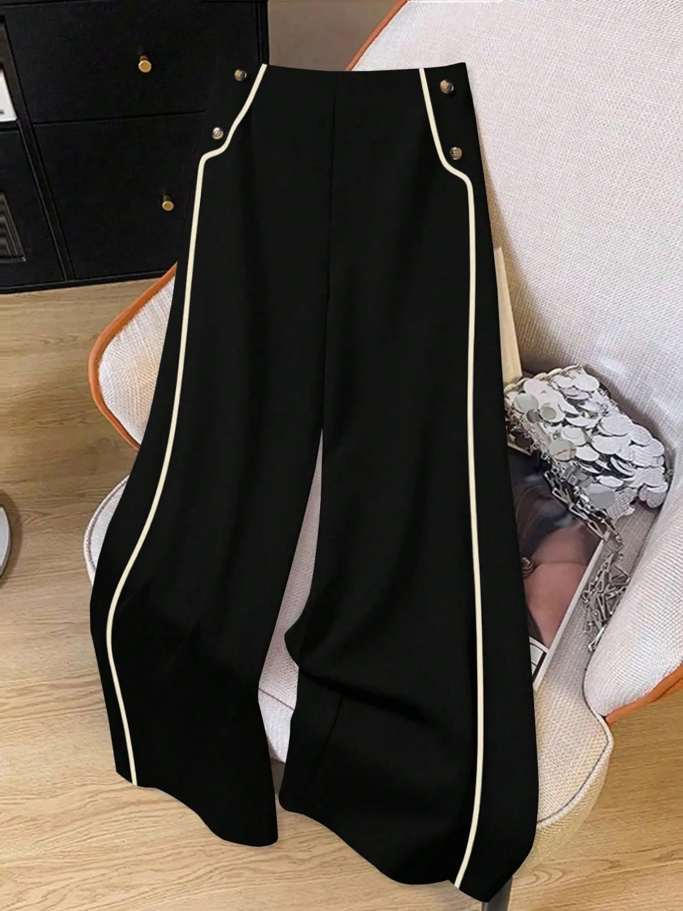 Women's Plus Size Pants High Waist Straight Leg Trousers Bottom Contrast Piping Button Decor Flowy Elegant Office Workwear Corporate Core Casual Business Casual Bottoms Spring Fit
