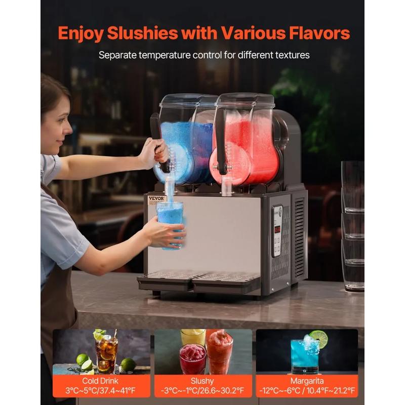 VEVOR Commercial Slushy Machine, TikTokShopBlackFriday, 4Lx2 Double Tank Frozen Drink Machine, 32 Cups Stainless Steel Margarita Smoothie Frozen Drink Maker, Slushie Maker for Home Party Restaurants Cafe Bars