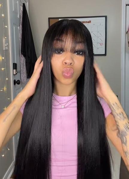 [New In Upgrade With Drawstring] Mamushow Straight Wigs with Bangs Human Hair 2x4 Lace Wig with Drawstring 180% Density Middle Part for Black Women Glueless Machine Made Wigs